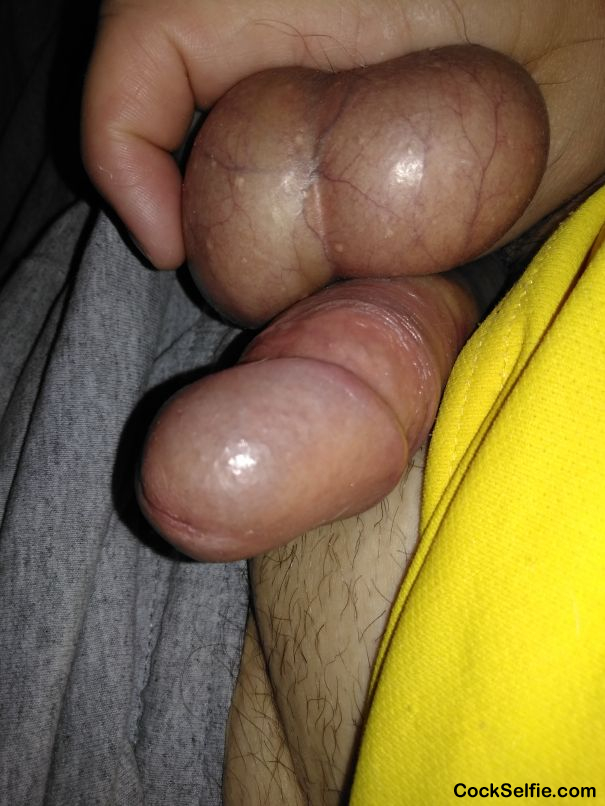 Streching my balls with my uncut cock also my inner cock - Cock Selfie