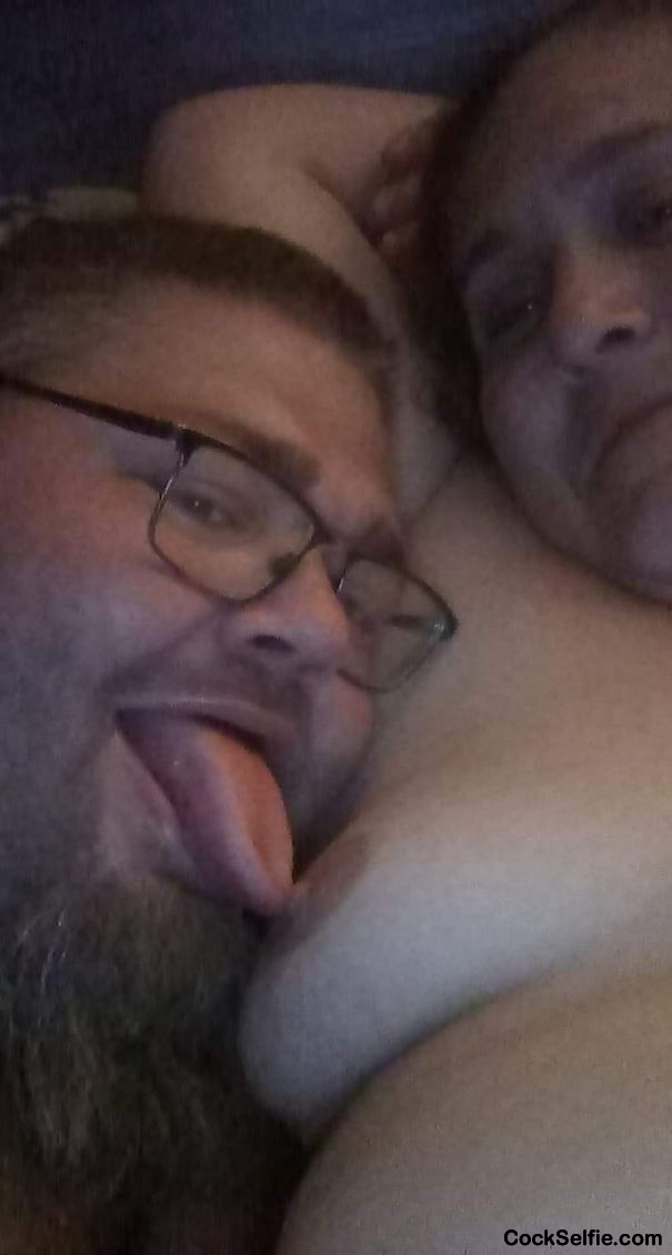 Me licking my wife's tit - Cock Selfie