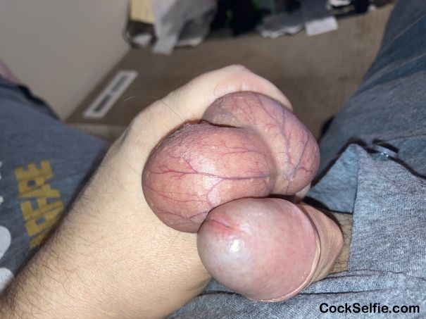 Foreskin pulled back While squeezing my nuts - Cock Selfie