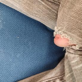 Hole in front pants and cock trying to come out Same pants with hole in back for access to anus - Cock Selfie