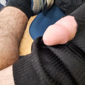 Sexy cock peeking Out through a big hole in my Shorts - Cock Selfie