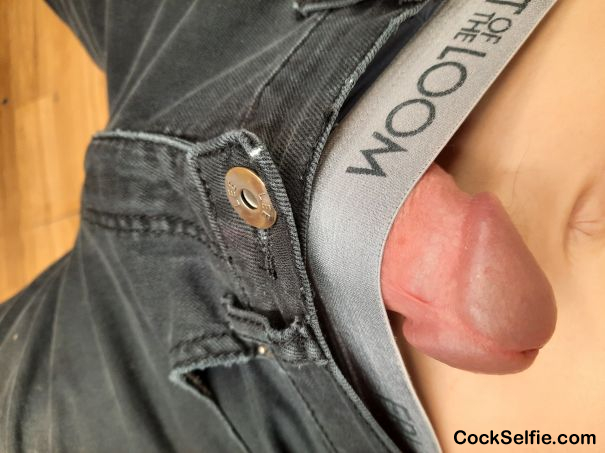Peeking out of pants, looking sexy - Cock Selfie