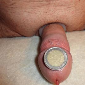 two euro coin for glans test - Cock Selfie